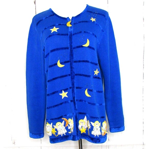 Quacker Factory Sweaters - Quacker Factory Blue Angel Christmas Cardigan Sweater Women's Large Embellished